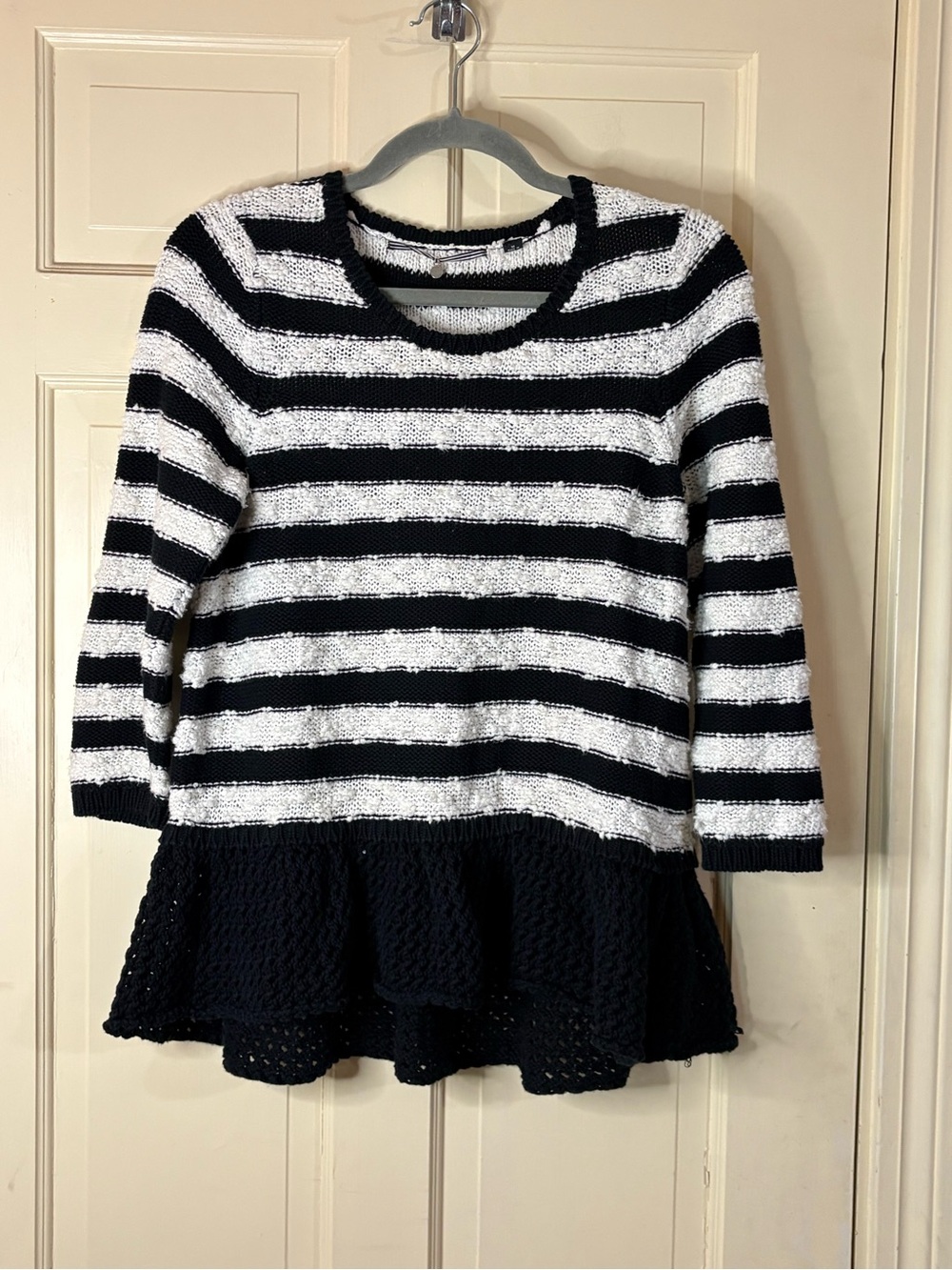 Knitted & Knotted Anthropologie Peplum Sweater Black White Stripes Size: Medium